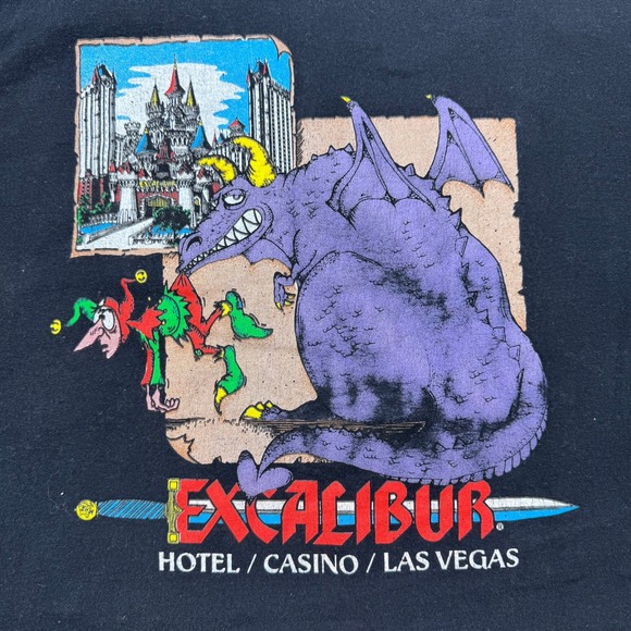 VTG‎ 80s Excalibur Hotel Casino Las Vegas Graphic T-Shirt XL Black Contrast Cuff - Picture 2 of 10